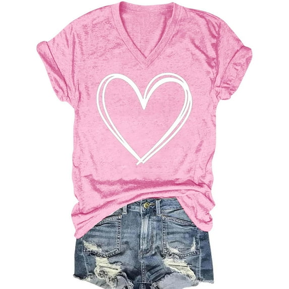 VgaVtl Womens Plus Tees Short Sleeve V-Neck Womens Tops Trendy Bottoming Romantic Heart-shaped Casual Camping Tops,Pink XXL