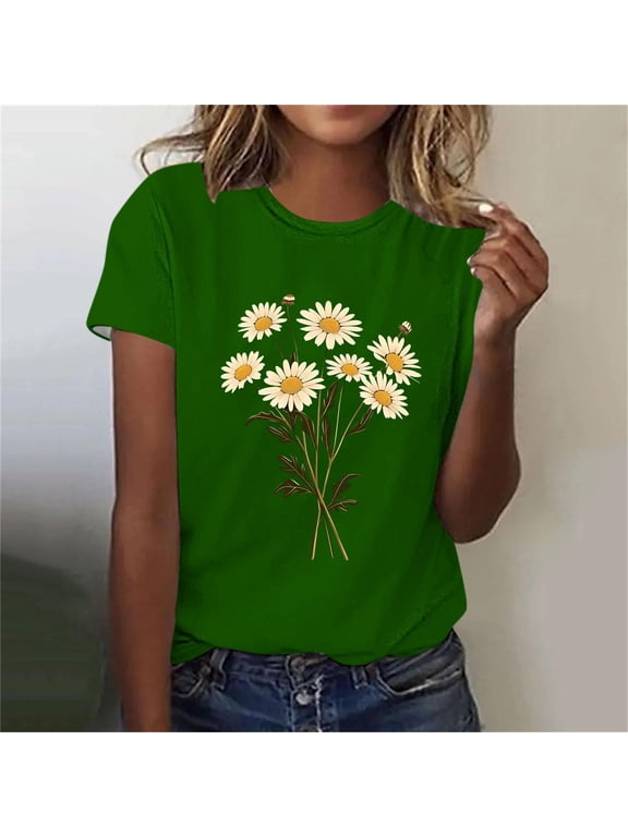 Womens Plus Tees Summer Short Sleeve Women Plus Size Tops Casual Floral Loose Fashion Going Out Pull on Tops,Green XL