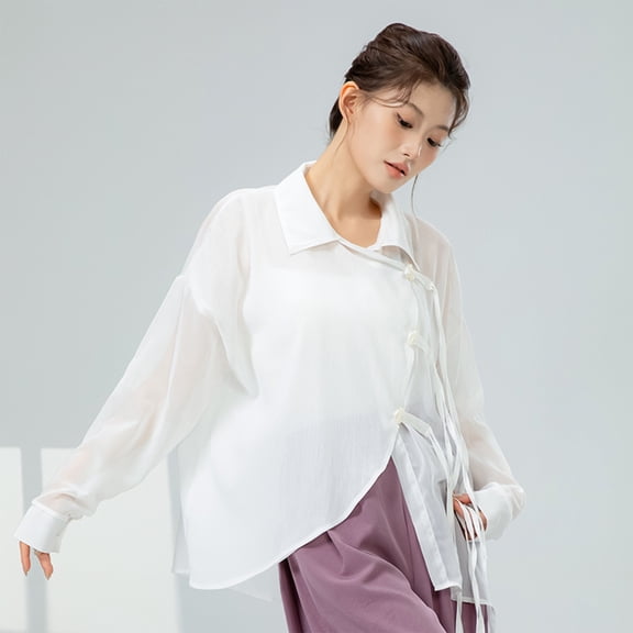 VgaVtl Womens Shirt Collared Long Sleeve Mesh Tops for Women Plus Size White Loose Solid Leisure Open Front Shirts,L