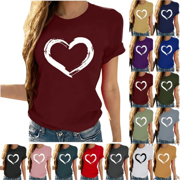 Odbmxy Womens Shirts Heart Print Crew Neck Short Sleeve T-Shirt Holiday Loose Casual Tops