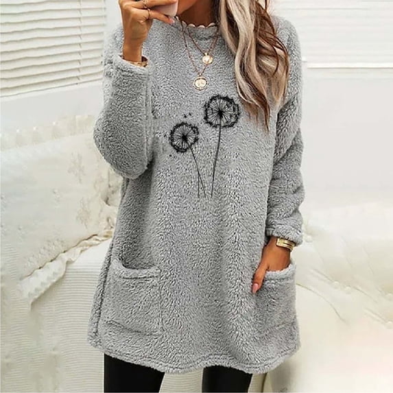 VgaVtl Womens Shirts Long Sleeve Thermal Fleece Women Tops Fall Winter Gray Regular Floral Casual Shirts,S