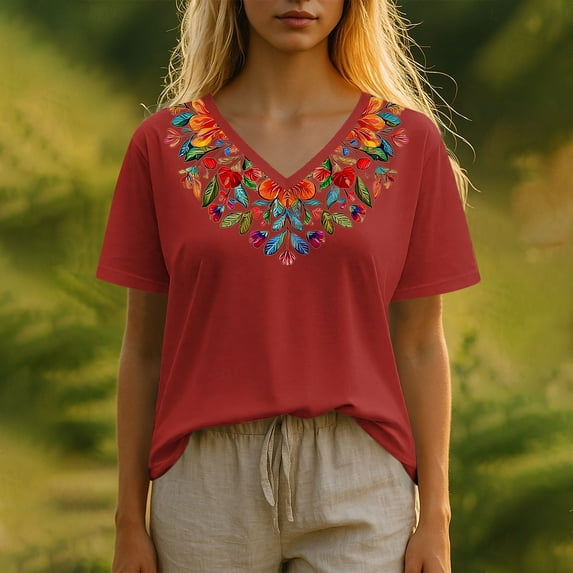 VgaVtl Womens Shirts V-Neck Short Sleeve Tops Women Soft Regular Graphic Casual Holiday Vintage Tops,Red M