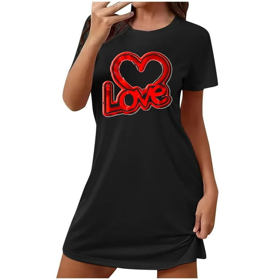 VgaVtl Womens Sleep Shirts Plus Size Black Short Sleeve Nightgowns for Women Holiday Soft Valentines Day Print Nightgowns