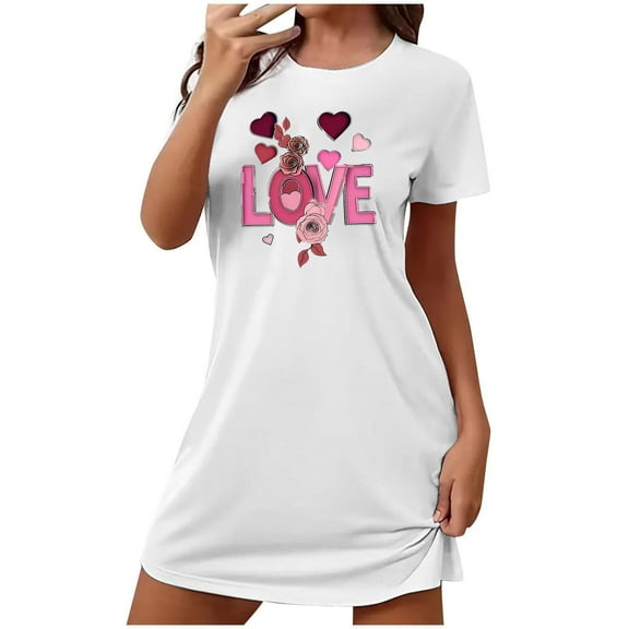 VgaVtl Womens Sleep Shirts Plus Size Short Sleeve White Womens Sleepwear Plus Size Valentines Day Print Breathable Nightgowns