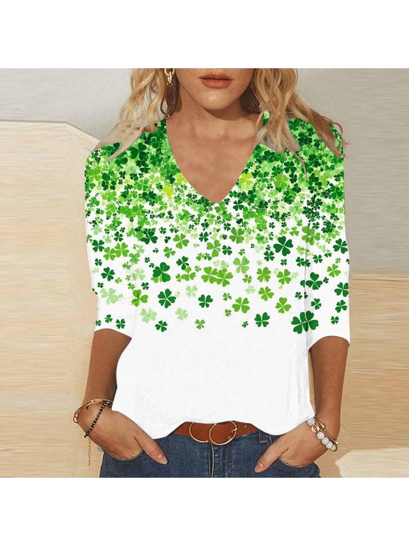 Womens St. Patrick's Day Shirts V-Neck 3/4 Sleeve T-Shirt for Women Classic Shamrock Regular Workout Casual Tops