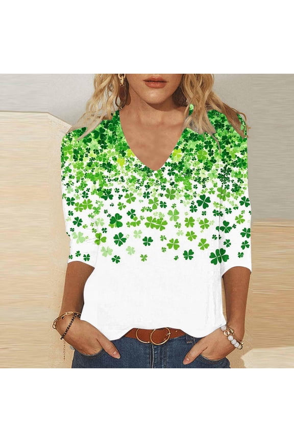 Womens St. Patrick's Day Shirts V-Neck 3/4 Sleeve T-Shirt for Women Classic Shamrock Regular Workout Casual Tops