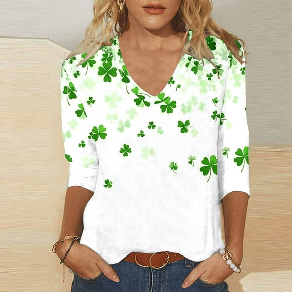 VgaVtl Womens St. Patrick's Day Shirts V-Neck 3/4 Sleeve T-Shirt for Women Classic Shamrock Regular Workout Casual Tops,3XL