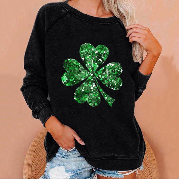 VgaVtl Womens Sweatshirts Long Sleeve St. Paddy's Day Ladies Plus Size Tops Glitter Shamrock Loose Casual Vacation Tops,Black XL
