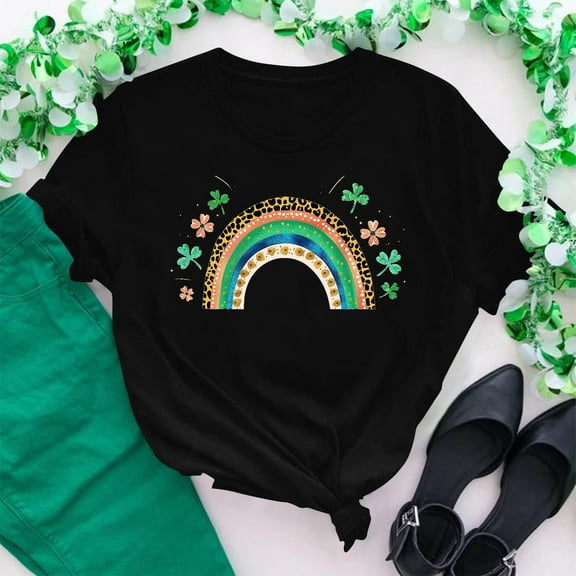 VgaVtl Womens T Shirt St. Patrick's Day Cotton Short Sleeve Women Plus Size Tops Loose Casual Holiday Comfy Bow Print Tops,Black S