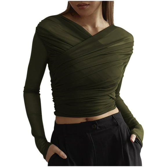 VgaVtl Womens T Shirts Cropped Long Sleeve V-Neck Plus Size Tops for Women Undershirts Leisure Slim Green Plain Shirts,S