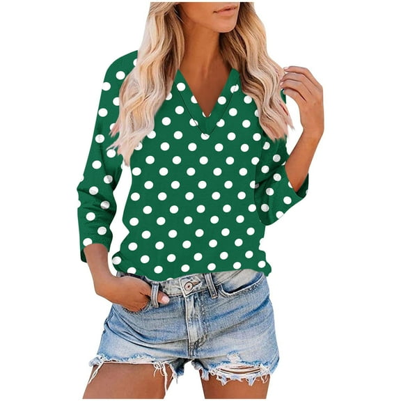 VgaVtl Womens T Shirts Plus Size 3/4 Sleeve V-Neck Plus Size Tops for Women Leisure Classic Fit Daytime Polka Dots Shirts,Green M