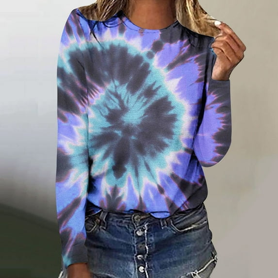 VgaVtl Womens T Shirts Plus Size Purple Long Sleeve Plus Size Tops Print Casual Loose Tie-Dye Tops
