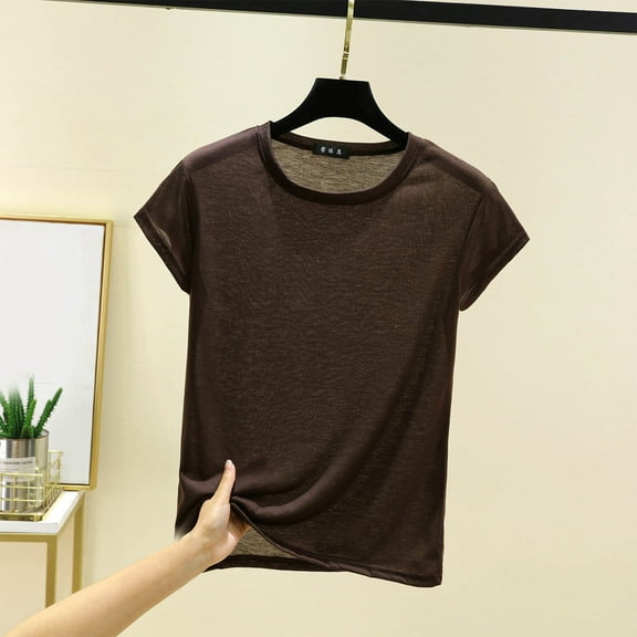VgaVtl Womens T Shirts Plus Size Cotton Short Sleeve Shirts for Women Thin Single Vacation Relaxed Fit Casual Basic Tops,Brown M
