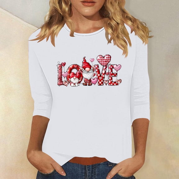 VgaVtl Womens Tee Shirts 3/4 Sleeve Graphic Valentines Day Ladies Tops Leisure Holiday White Loose for Gifts Tops