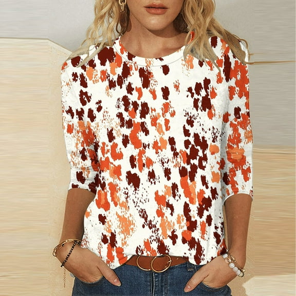 VgaVtl Womens Tee Shirts 3/4 Sleeve Graphic Womens Top Relaxed Fit Vintage Pullover Everyday Leisure Shirts,Orange L