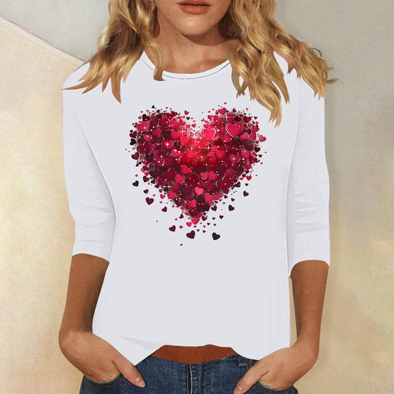 VgaVtl Womens Tee Shirts 3/4 Sleeve Valentines Ladies Plus Size Tops Casual Festivals Loose Heart Print Layering Tops