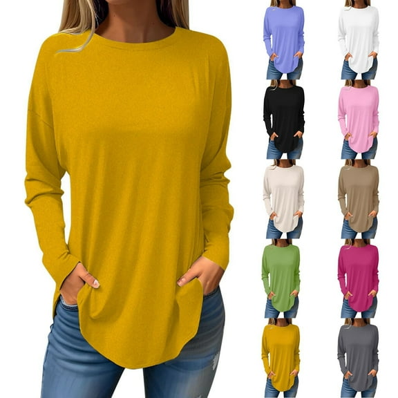VgaVtl Womens Tee Shirts Long Sleeve Basic Womens Shirts Soft Regular Yellow Solid Casual Everyday Tops