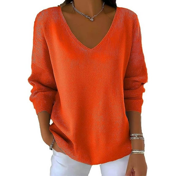 VgaVtl Womens Tee Shirts Long Sleeve V-Neck Plus Size Womens Tops Casual Solid Color Basic Everyday Loose Orange Shirts,3XL