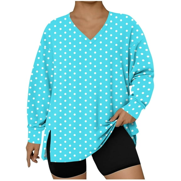 VgaVtl Womens Tee Shirts Oversized Long Sleeve V-Neck Womens Top Polka Dots Breathable Holiday Blue Casual Shirts,XL