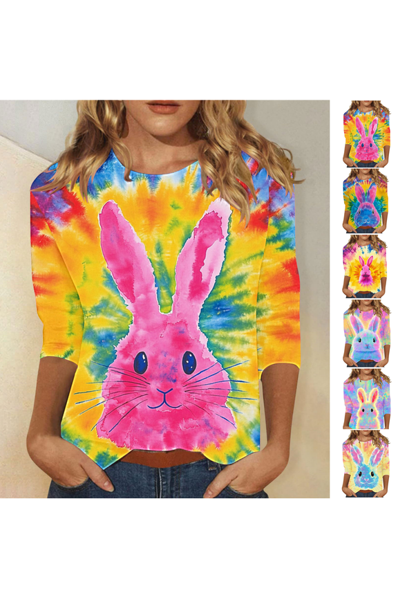 Womens Tee Shirts Plus Size Easter 3/4 Sleeve Tops for Women Plus Size Casual Pull on Regular Going Out Tie-Dye Tops,XL