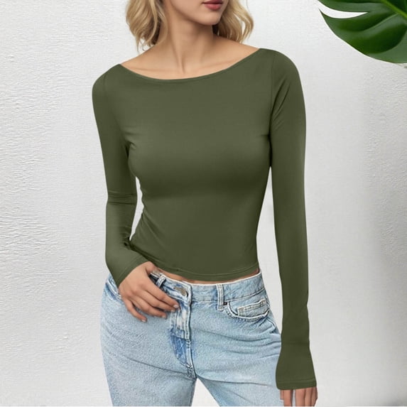 VgaVtl Womens Tee Shirts Plus Size Fall Winter Long Sleeve Womens Tops Solid Color Casual Slim Undershirts Green Basic Shirts,S