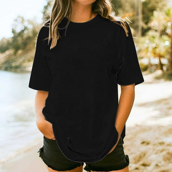VgaVtl Womens Tee Shirts Short Sleeve Summer Ladies Shirts Leisure Basic Solid Color Loose Holiday Sports Tops,Black XXL