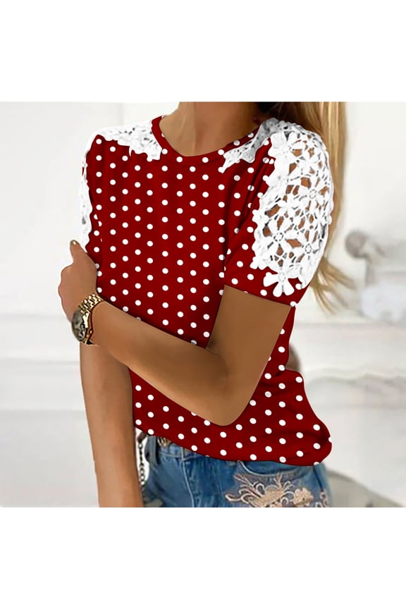 Womens Tee Shirts Summer Short Sleeve Ladies Tops Casual Loose Holiday Elegant Ruffles Polka Dots Shirts,Red XXL