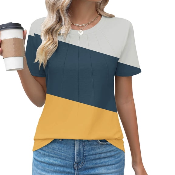 VgaVtl Womens Tee Shirts Tunic Short Sleeve Women's Plus Size Tops Elegant Relaxed Fit Camping Color Block Shirts,Yellow 3XL