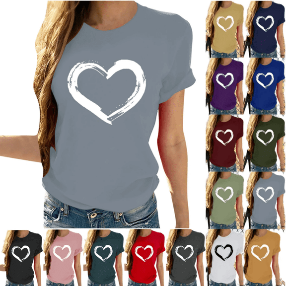 Odbmxy Womens Tops Casual Short Sleeve Womens T Shirts Valentines Crew Neck Heart Print Relaxed Loose Tee Tops