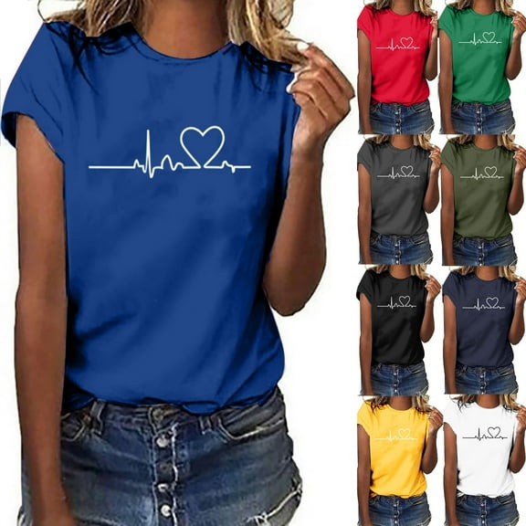 VgaVtl Womens Tops Under $5 Plus Size Blue Short Sleeve Crew Neck T-Shirt Loose Print Casual Tops