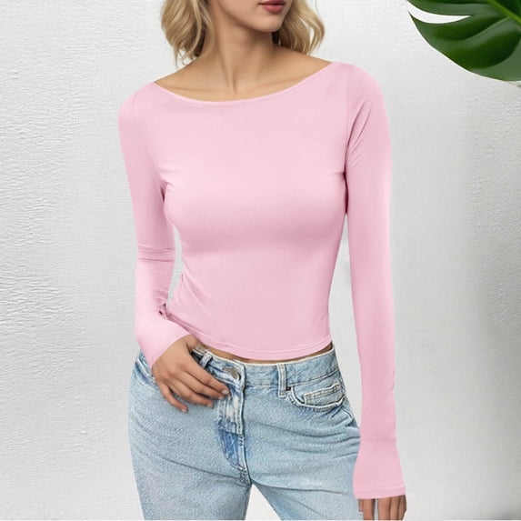 VgaVtl Womens Tshirts Fall Winter Long Sleeve Tops for Women Plus Size Pink Slim Solid Color Casual Basic Undershirts Shirts,XS