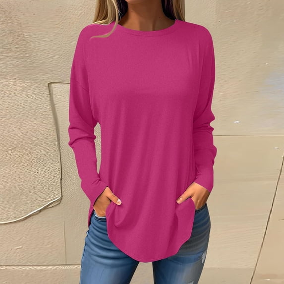 VgaVtl Womens Tshirts Long Sleeve Basic Women Tops Pink Loose Plain Holiday Soft Leisure Tops