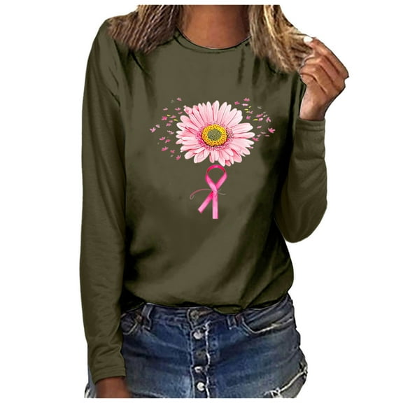 VgaVtl Womens Tshirts Long Sleeve Breast Cancer Womens Plus Size Tops Green Graphic Vacation Loose Casual Shirts,L