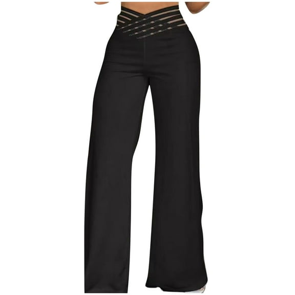 VgaVtl Womens Wide Leg Trousers High Rise Ladies Palazzo Pants Loose Flare Solid Comfy Dressy Pants,Black L