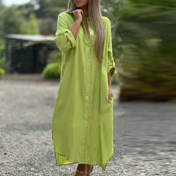 VgaVtl Yellow Womens Dresses Plus Size $5 Cotton Shirt Dress Long Sleeve Womens Dresses Long Solid Dresses