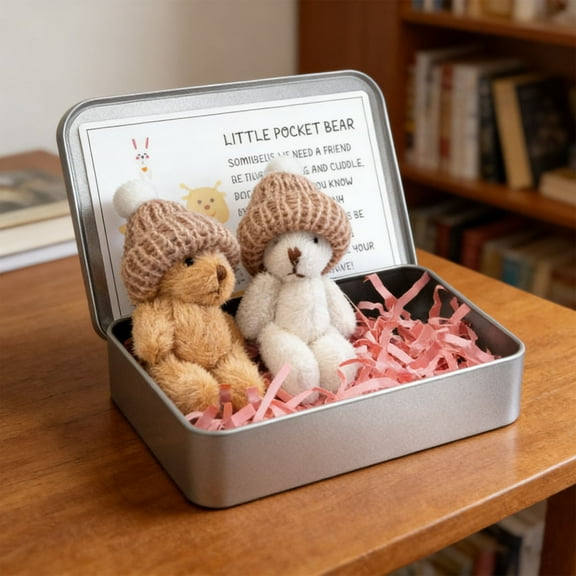 Vggrvlo 2 pcs Under 10 Mini Plush Worry Bear with A Hat Positive Mini Bears Little Worry Bears in A Box with Encouragement Little Card Soft Handmade Pocket Bear for Lovers, Family, Friend