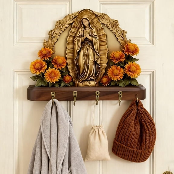 Vggrvlo 2D Flat Virgin Mary Key Holder Our Lady of Guadalupe Sacred Wall Key Holder with 4 Metal Hooks Easter Christian Gifts for Family and Friends