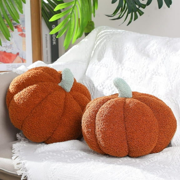 Vggrvlo 2Pcs Simulated Pumpkin Halloween Throw Pillows 7"x5" 3D Cushion Halloween Decoration Pumpkin Plush Stuffed Throw Pillow for Thanksgiving Christmas Halloween Brown