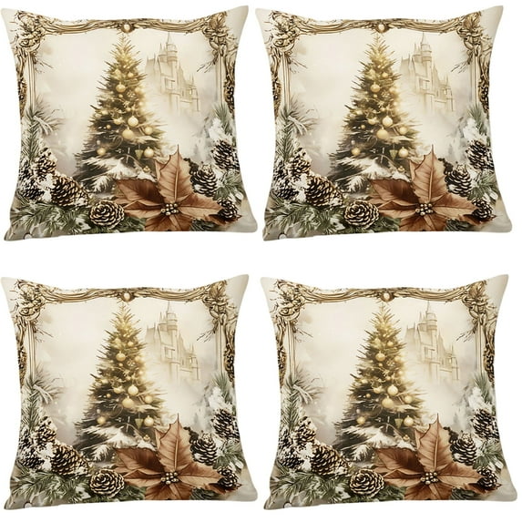 Vggrvlo Under 5 4PCS Christmas Throw Pillow Covers 18x18 Inches Christmas Decorations Beautiful Christmas Tree Linen Pillow Cases Winter Hoilday Couch Cushion Case for Christmas Gifts