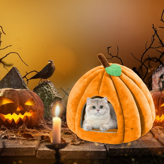 Vggrvlo Christmas Large Cat Bed Cave Cute Pumpkin Large Covered Cat Bed Best Christmas Gifts for Puppy and Kitty 18"x16"