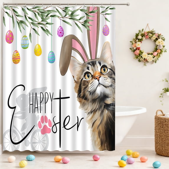 Vggrvlo Cute Easter Shower Curtain Rustic Rabbit Bath Curtain Waterproof Fabric Easter Shower Curtain with 12 Hooks