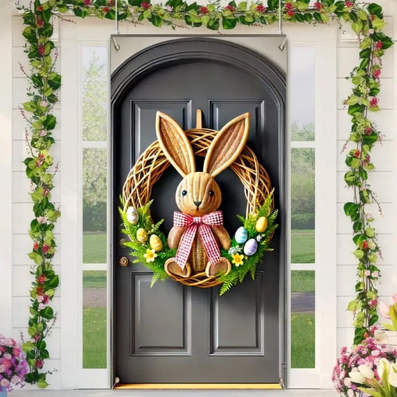Vggrvlo Easter Bunny Door Cover 3D Visual Effects Cottagecore Wildflower Easter Rabbit Door Curtains Banners for Indoor Outdoor Spring Party Decorations and Photo Booth Props 71"x35"