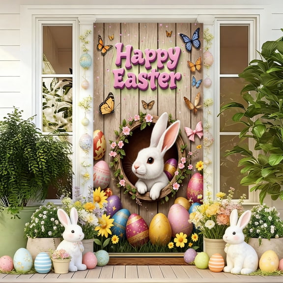 Vggrvlo Easter Bunny Door Cover Decor 3D Visual Effects Easter Door Decorations Bunny Egg Rabbit Hanging Banner Decor for Indoor Outdoor Spring Party Decorations 71"x35"