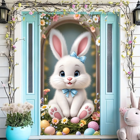 Vggrvlo Easter Bunny Door Cover Decor 3D Visual Effects Large Front Door Wall Backdrop for Front Wall Backdrop Outdoor 71"x35"