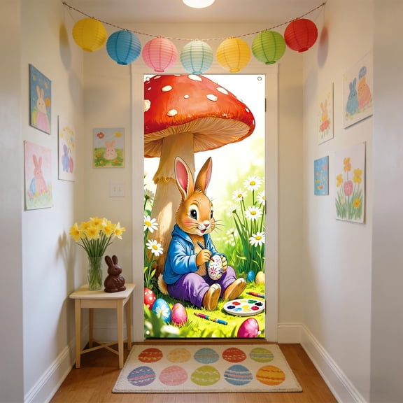 Vggrvlo Easter Bunny Door Cover Decor 3D Visual Effects Spring Party Decoration for Indoor Outdoor Decorations 71"x35"