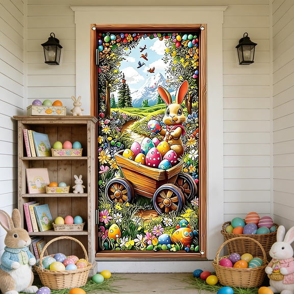 Vggrvlo Easter Eggs Door Cover Decoration 3D Visual Effects Easter Front Door Banner Welcome Door Porch Sign Party Supplies for Front Wall Backdrop Indoor 71"x35"