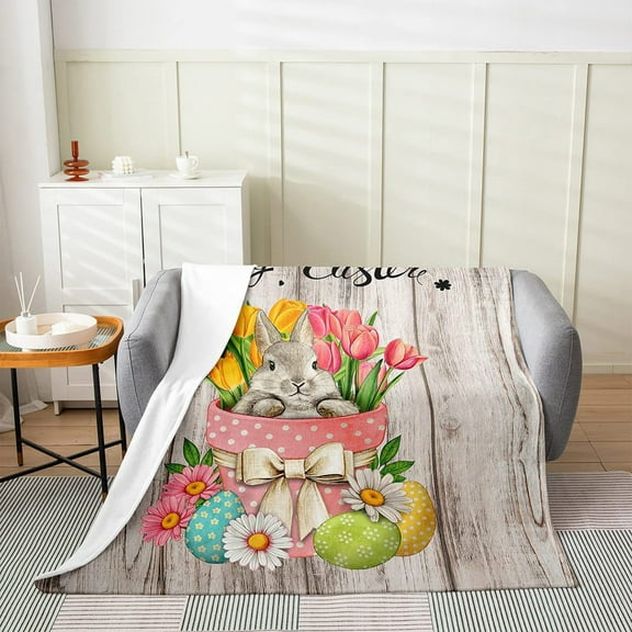 Vggrvlo Easter Flannel Blanket Throw Bunny Easter Eggs PV Plush Throw Blanket for Sofa Soft Jacquard Knitted Throw Blanket for Sofa Couch Bed Home Easter 28"x40"