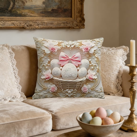 Vggrvlo Easter Pillow Covers 18"x18" Easter Basket Eggs Soft Plush Faux Fur Jacquard Throw Pillows 3D Embroidered Velvet Rabbit Spring Cushion Case for Bedroom Sofa Holiday Festivals Home Decor