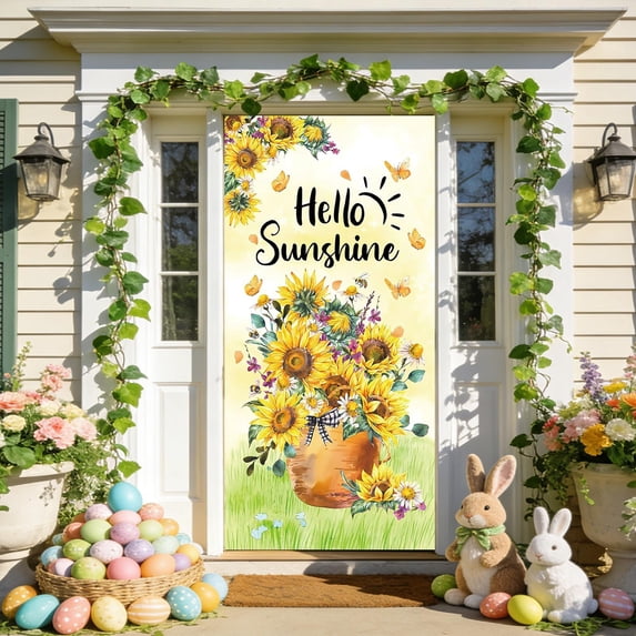 Vggrvlo Easter Sunflowers Door Cover Decoration 3D Visual Effects Cottagecore Wildflower Easter Rabbit Door Curtains Banners for Front Wall Backdrop Indoor 71"x35"