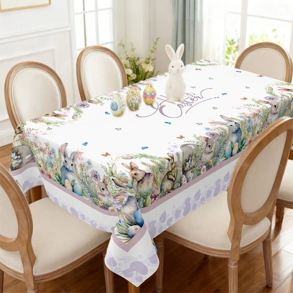 Vggrvlo Easter Tablecloth Easter Table Cloth Rectangle 55"X70" with Bunny and Eggs Watercolor Buffalo Check Plaid Spill Proof Table Covers for Dining Room Spring Oblong Tablecloth White